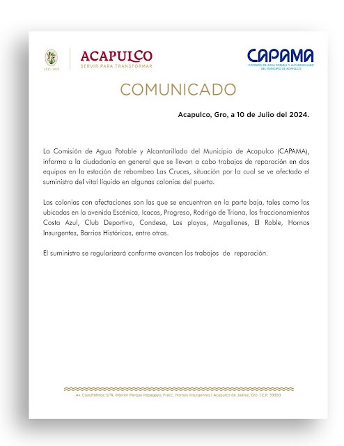 QUEDARÁN SIN SUMINISTRO DE AGUA COLONIAS DESDE LA ESCÉNICA HASTA LA PROGRESO, POR REPARACIONES DE CAPAMA